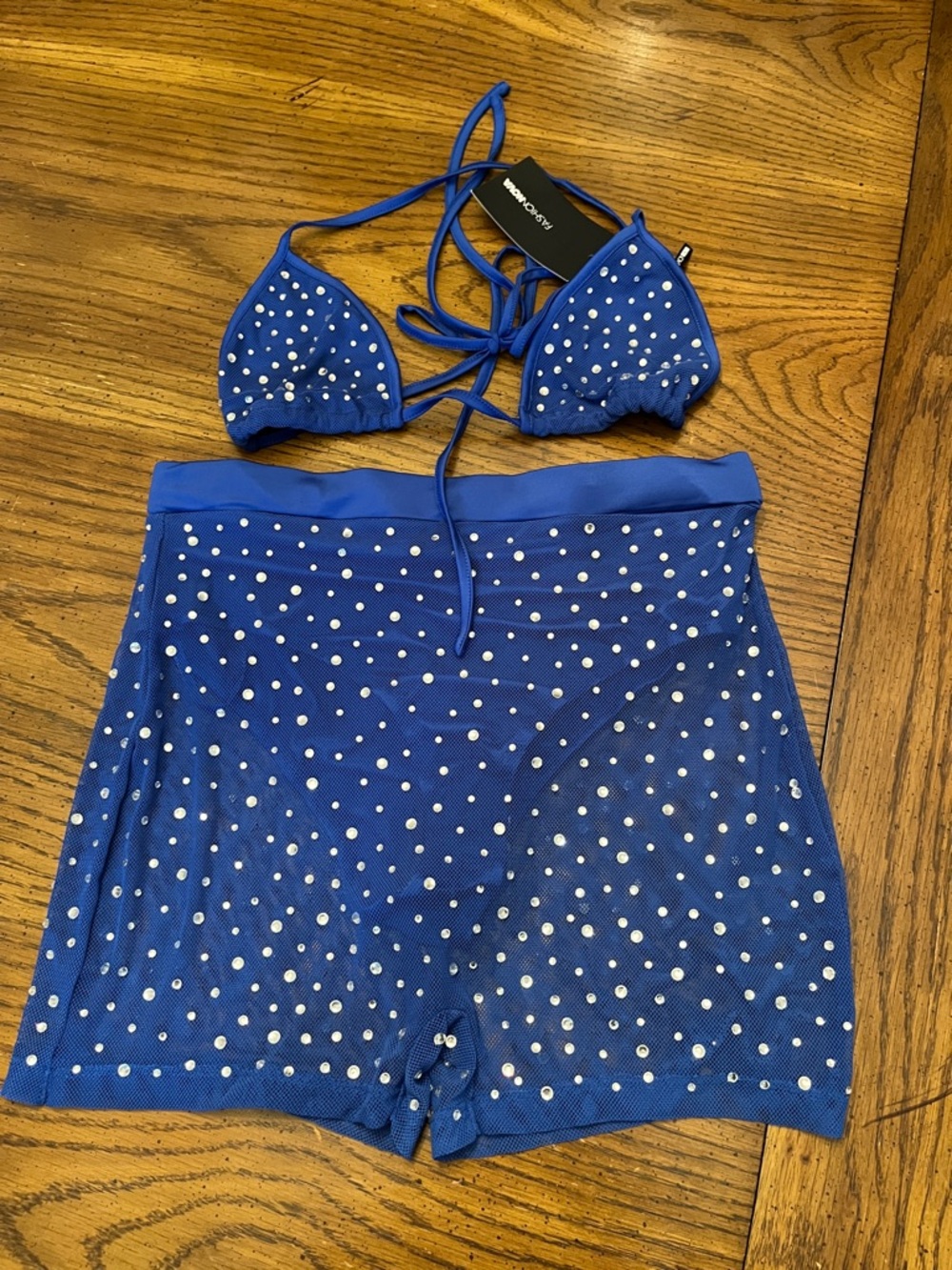 Fashion Nova Royal Blue Rhinestone Mesh Two-Piece Set, size large, new with tags